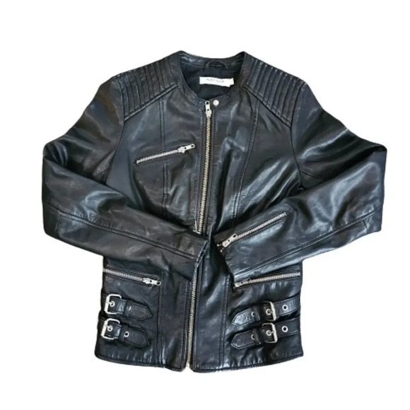Naf Naf Women's Black Zipper Front Biker Leather Jacket Size 34 - Picture 1 of 9
